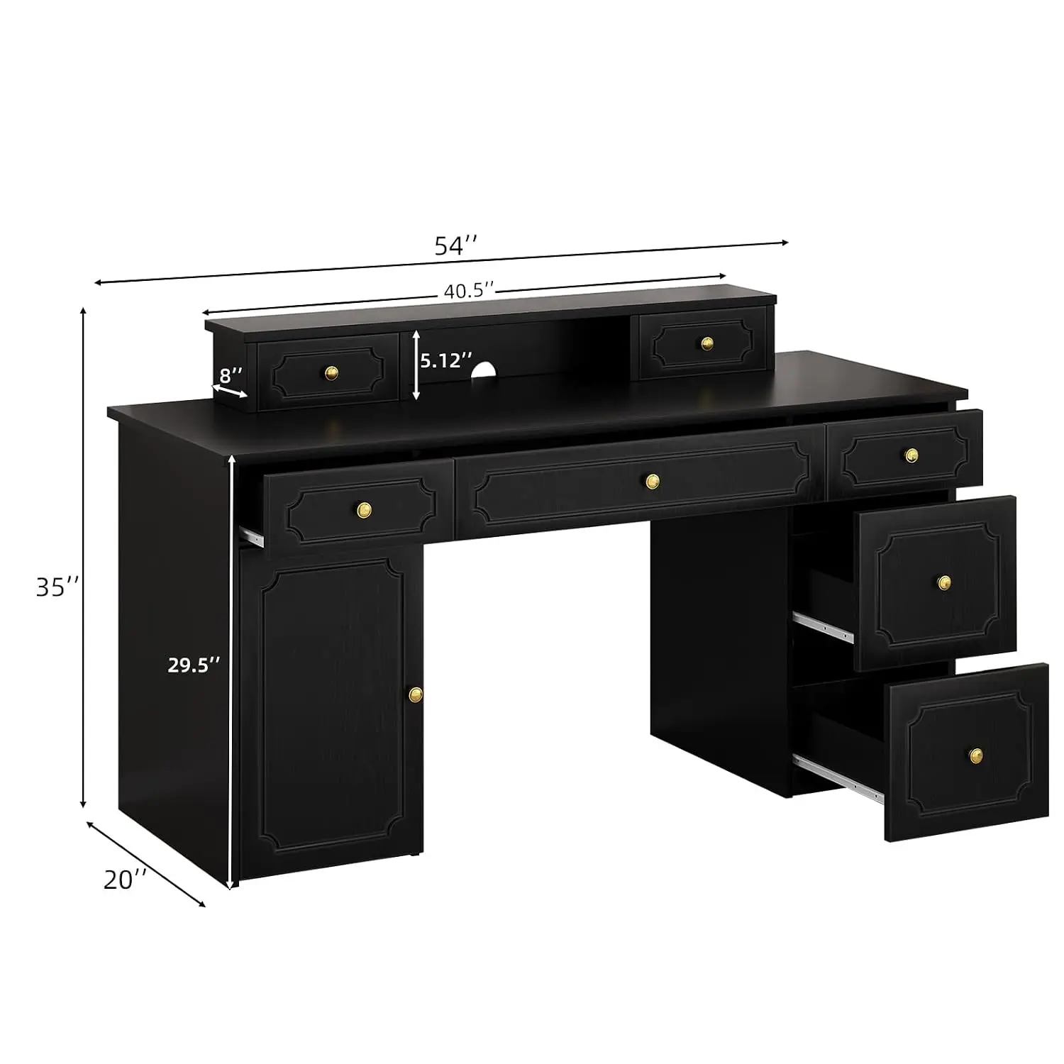 Black Desk 7 Drawers 54 Inch Computer Desk Cabinet Work Writing Study Vanity Desk Golden Handle Girls Bedroom, Customized