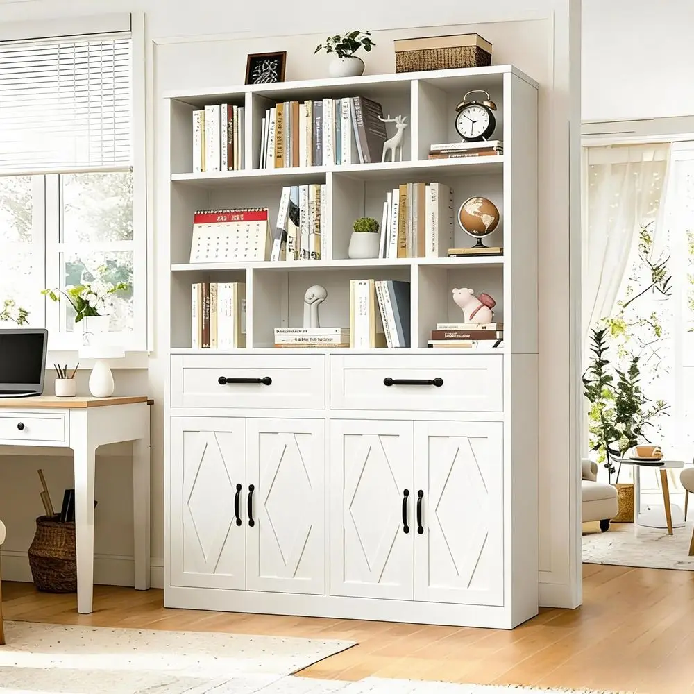 Sturdy Metal Tall Bookcase with Cabinet, 48 Wide Shelving Unit for Home or Office Living Room