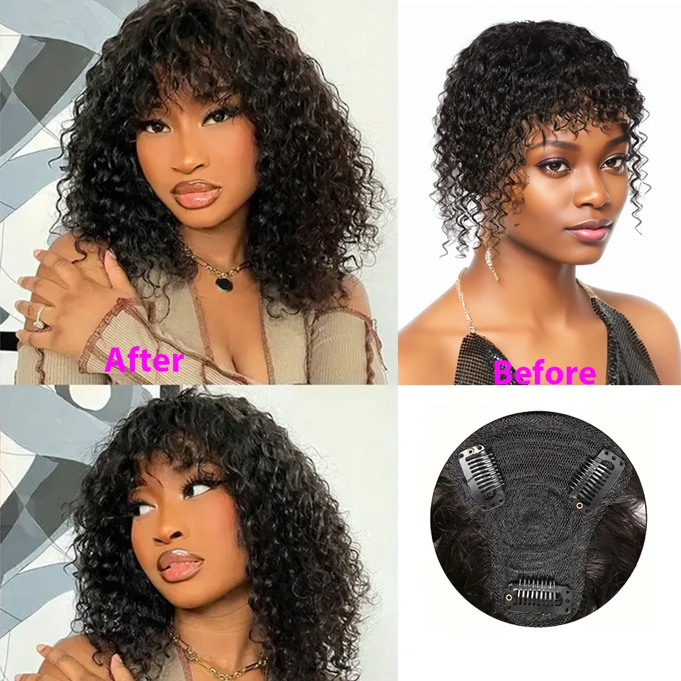 Curly Hair Topper With Hair Bangs 100% Human Hair Clip In Hair Extensions Natural Looking For Daily Use Kinky Culry For Women