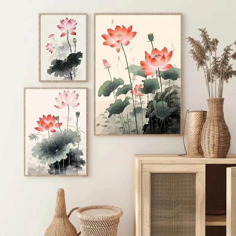 Vintage Traditonal Chinese Style Lotus Flower Pond Moonlight Landscape Art Poster Canvas Painting Wall Prints Picture Home Decor