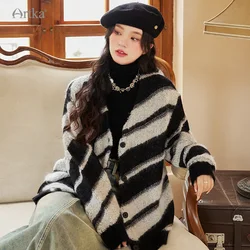 ARTKA 2023 Autumn New Elegant Loose Zebra Stripes Wool Knitted Sweater Long Sleeve Cardigan Mohair Outerwear Female WB92236Q