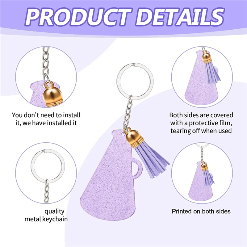 A59E-48 PCS Llavero acrílico Llavero acrílico en blanco Llaveros de megáfono de alegría acrílica con borla Púrpura