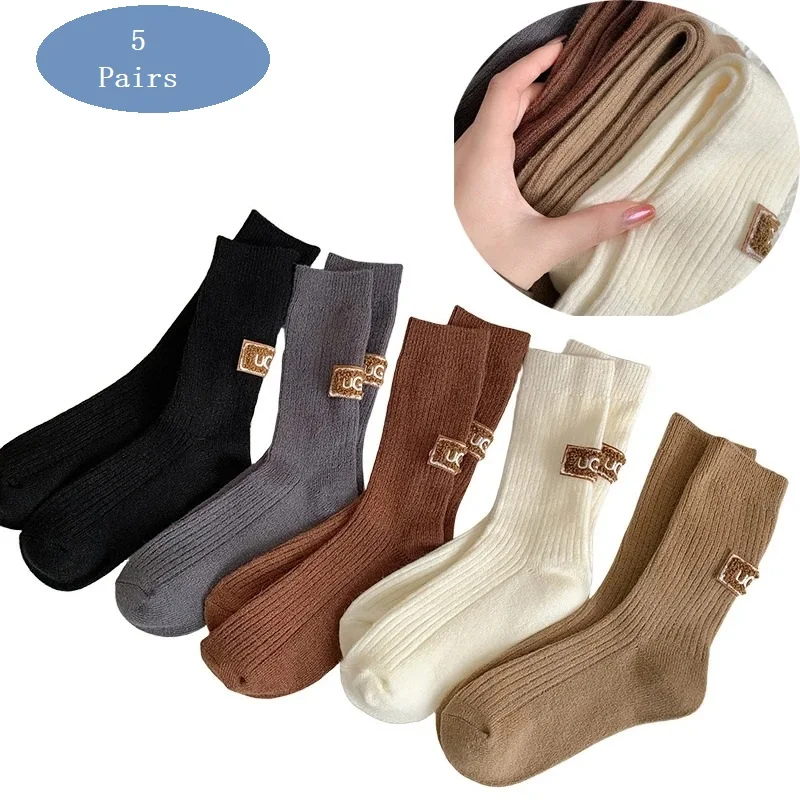 5 Pairs Winter Socks Women Cashmere Wool Socks Lady Warm Thickened Pile Embroidered Logo Mid-Calf Sock Women's Snow Boot Sock