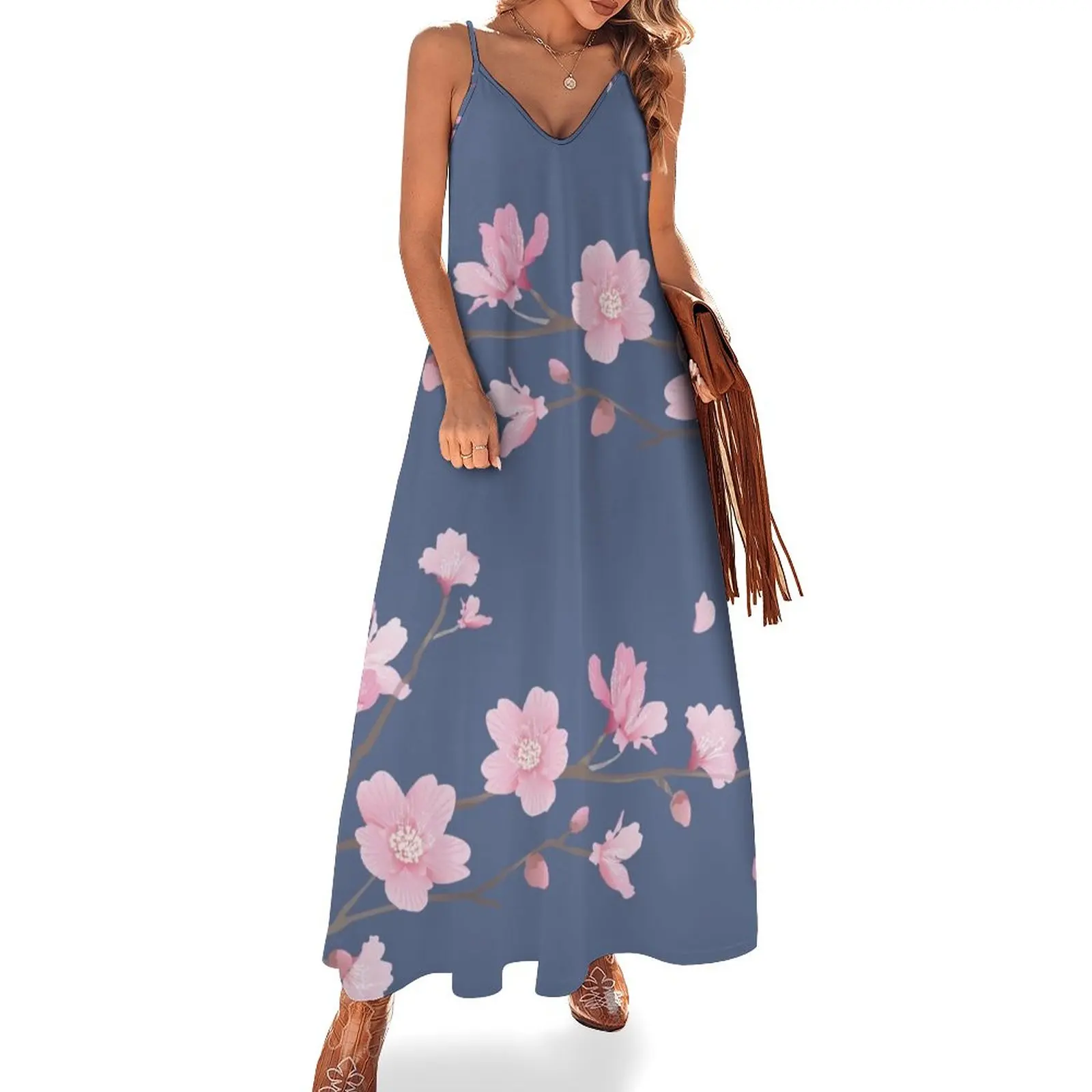 Cherry Blossom flower plant - Denim blue Sleeveless Dress Summer skirt dresses for womens 2024