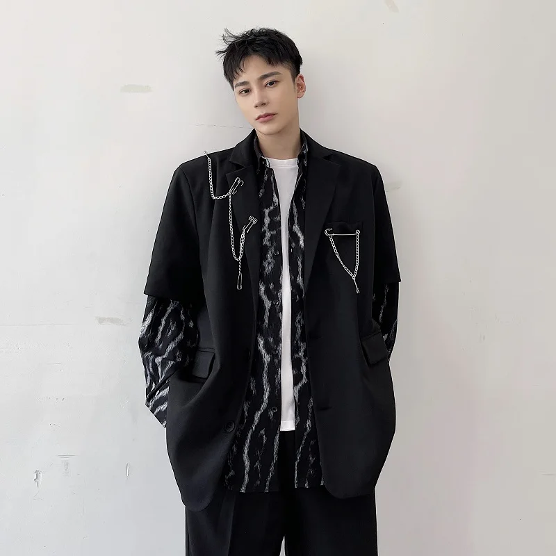 

Spring Summer Men's Loose Fit ort Sve Suit Jaet Metal Decorated Casual Sle Four Button Notch Lapel Polyester Fiber