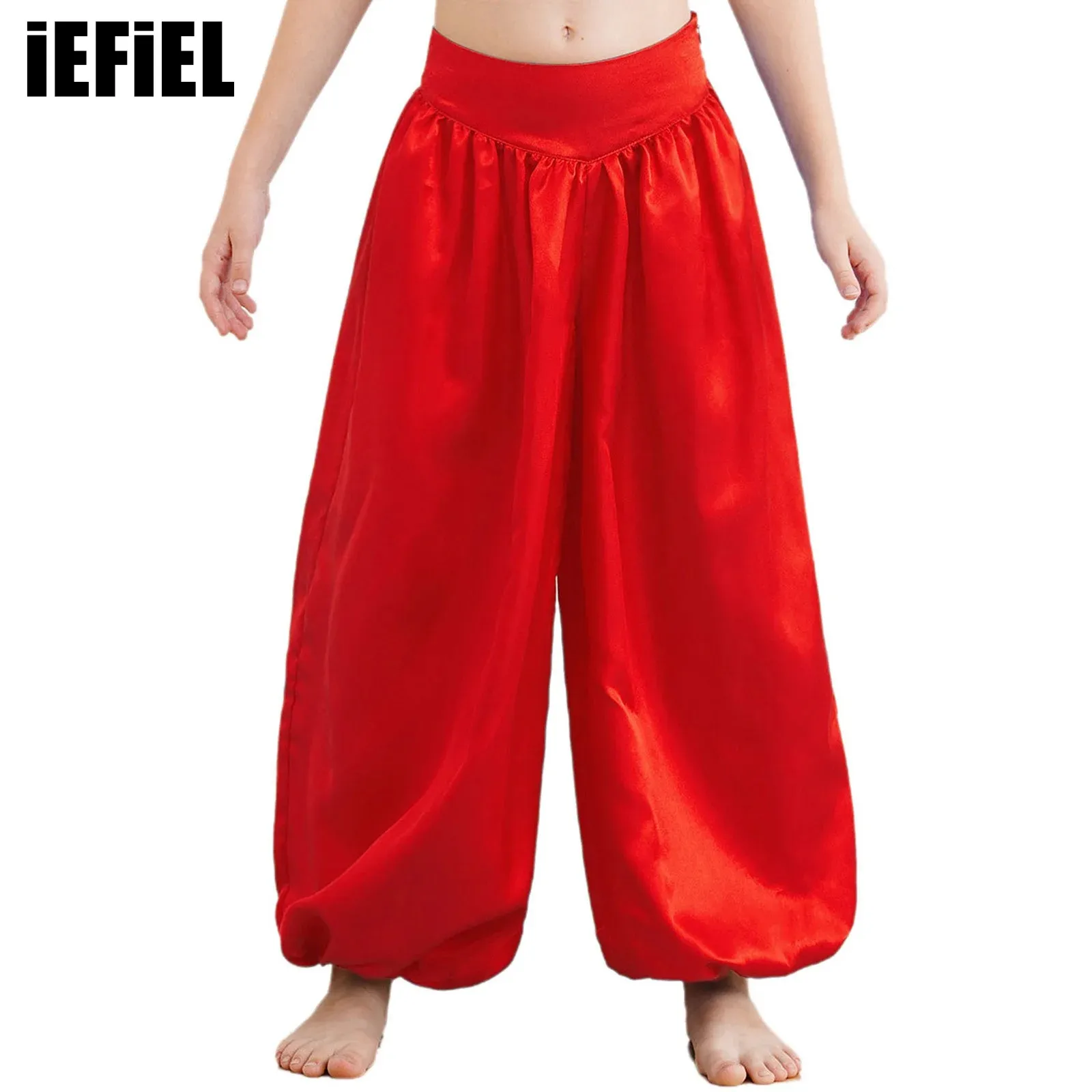 

Kids Girls Satin Belly Dance Pants Side Invisible Zipper Wide-Leg Bloomers for Stage Performance Halloween Event Theme Party