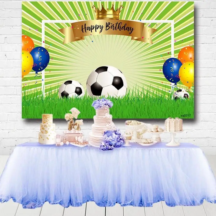 

Green Grass Soccer Party Backdrop For Boys Birthday Party Gold Crown Balloons Football Theme Photography Backgrounds