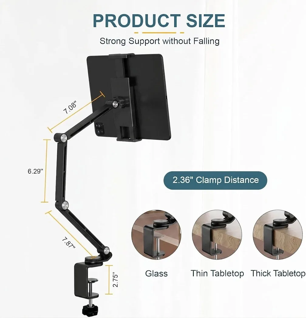 Magnetic Aluminum Desk Clamp Stand, 360° Rotation Universal Phone Tablet Holder, Sturdy Metal Bracket Fit 4.7-12.9 Inch Devices