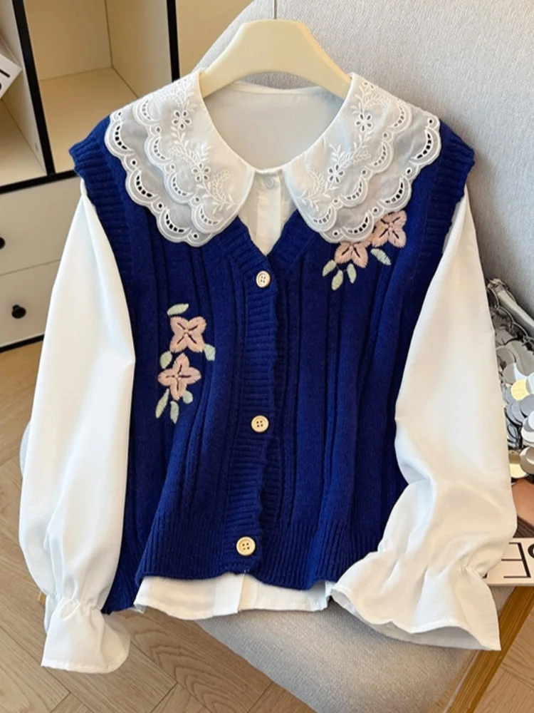 

Embroidered Flower Knitted Vest Top Self-Preserved Sle Long Sve Doll Collar irt Women Two-Piece Set Layering Recommend...