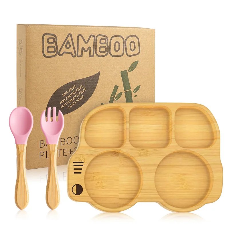 3 pz/set Baby Feeding Bamboo Dinner Plate Bowl forchetta in legno cucchiaio bambini che alimentano stoviglie in legno antiscivolo con ventosa in Silicone