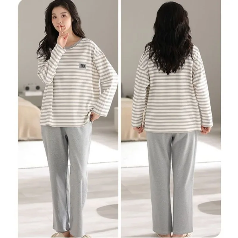 2024 New 100% Double-sided Pure Cotton Pajamas Women Spring Autumn Large-sized Long Sleeved Sleepwear Set Korean Casual Homewear