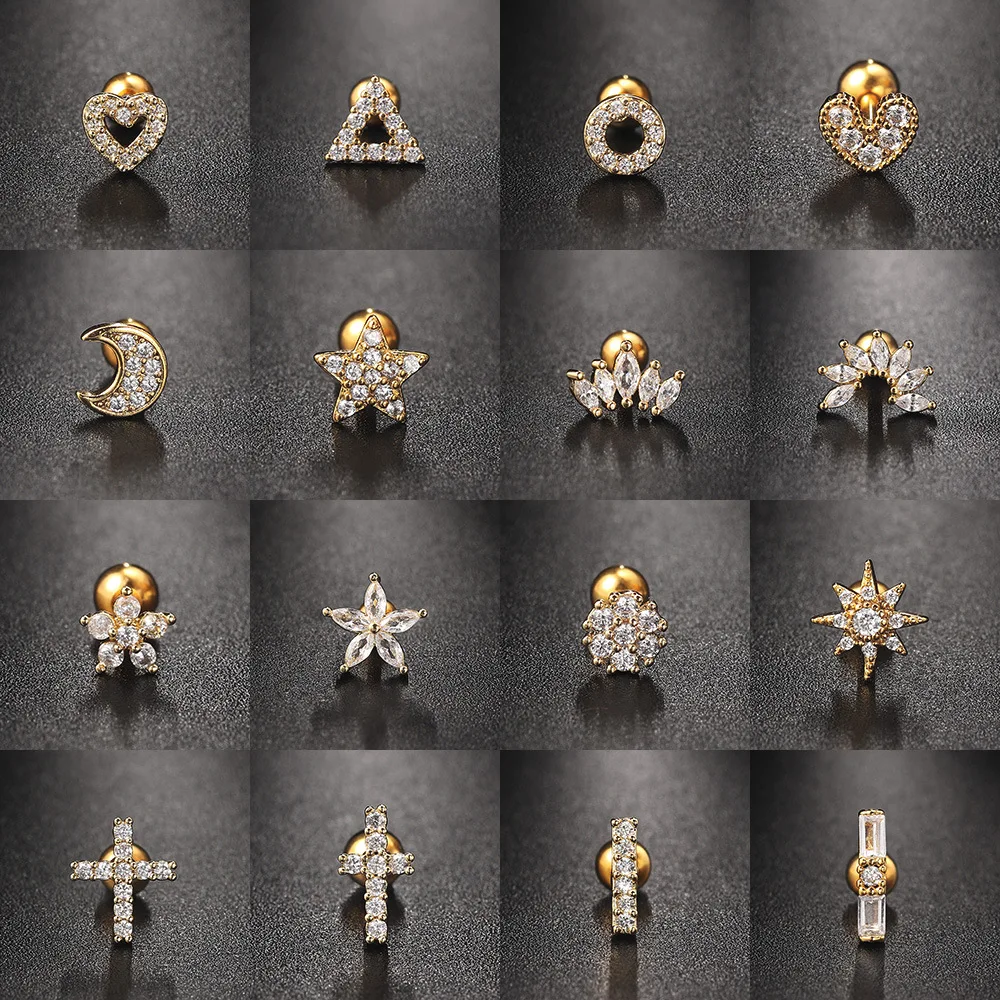 1PC Flower Star Cross Tragus Piercing Stainless Steel Screw Stud Earring Flat Helix Lobe Rook Cartilage Earing Hot Trend Jewelry