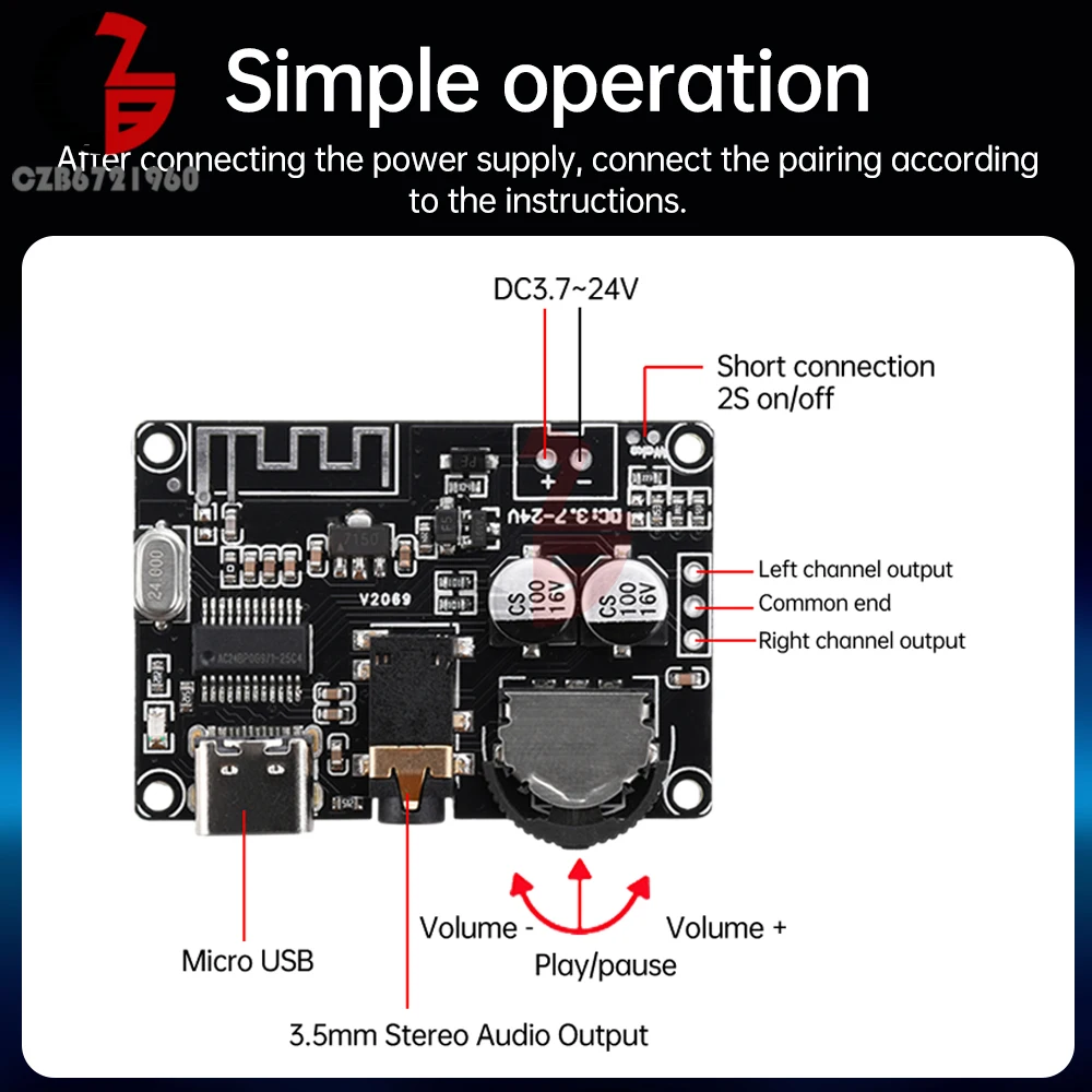 Bluetooth Audio Receiver board DC 3.7-24V Bluetooth 5.0 MP3 Lossless Decoder Board Remote Control Stereo Audio Music Module