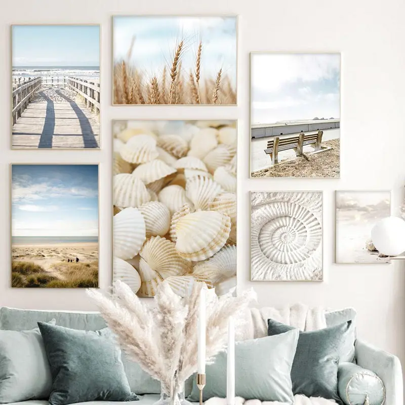 Beach Decoraction Painting Ocean Poster White Shells Bridge Natural Scenery Wall Art Nordic Canvas Print Picture For Home Decor