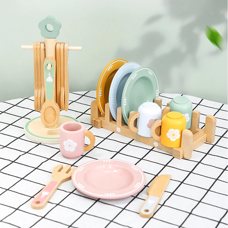 木製プレイキッチン食器おもちゃセットアフタヌーンティープレイハウスゲームシミュレーション食器、ティーカップ、ボウルラック（3歳以上のお子様向け）