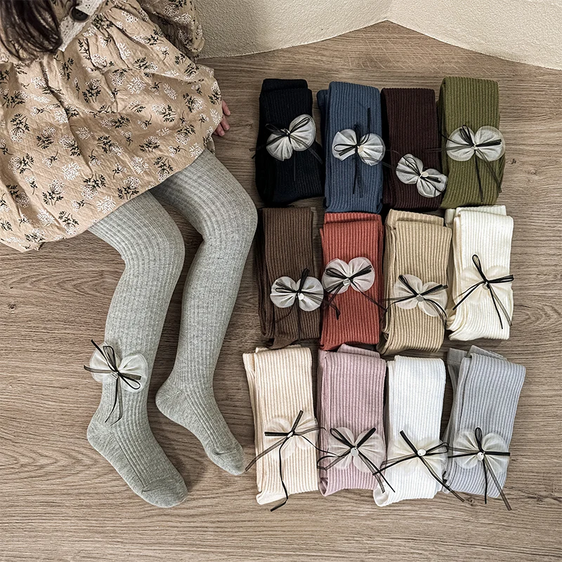 Vertical Striped Pantyhose For Sweet Kids Girls Shimmer Small Silver Sequins With Ribbon Tulle Bow Trim Comfort Stretch Leggings