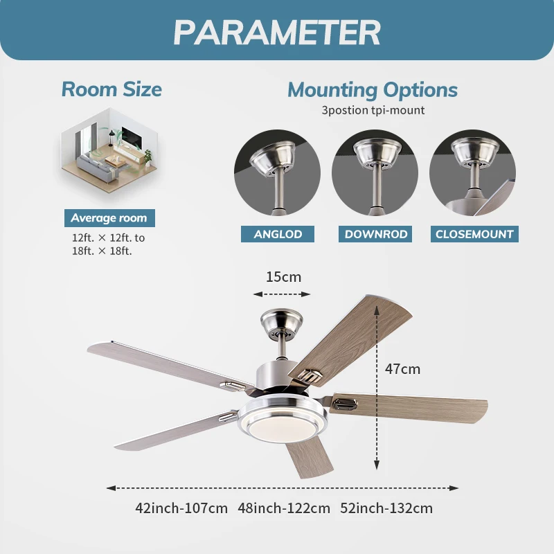 Large  Ceiling Fan with Light  5 Wood Blades Strong Wind DC Motor Led Light Living room Dining room Silent Ventilador