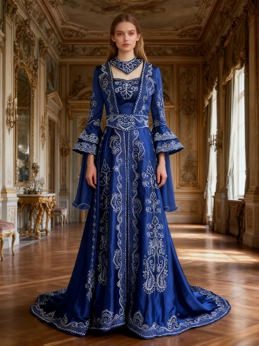 Niebieski marokański kaftan, kaftan, muzułmańskie suknie wieczorowe, linia A, długie rękawy, haft, Dubaj, arabska abaja, islamska suknia, szyte na miarę