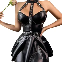 Women Sexy Black PU Leather Punk Dress Wet Look Bodycon Short Dress Corseted Studded Backless Nightclub Wear Erotic Lingerie