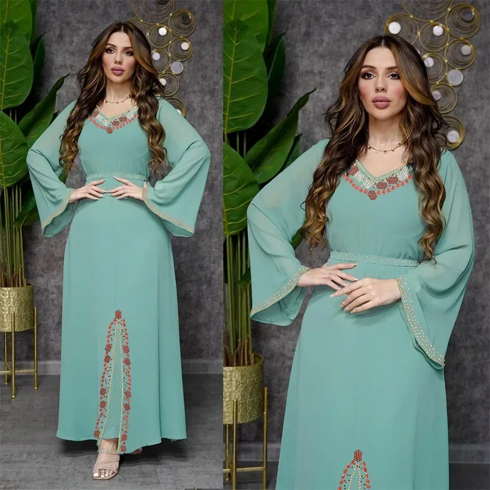 Chiffon Diamond Summer Dress Abaya for Women Loose Long Dress Muslim Dress Kaftan Women Dubai Abayas Long Sleeve Evening Dress