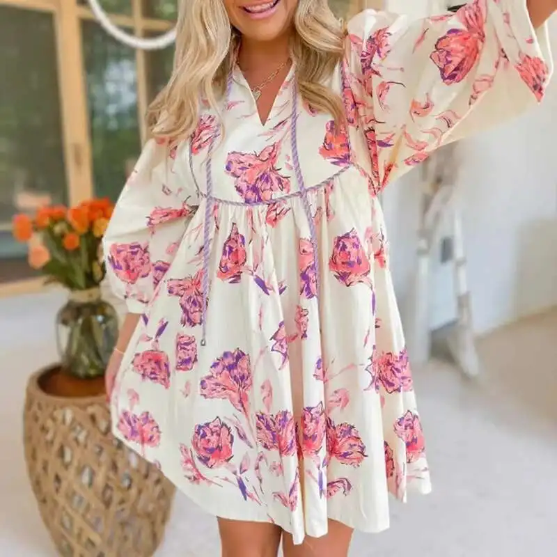 Casualowy wzór z nadrukiem Plisowana damska elegancka dekolt w serek wysoka talia Boho wiosna lato bufiaste rękawy luźna sukienka na wakacje