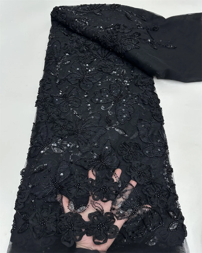 2025 Ręcznie Robiona Koronka z Koralikami Francuska Zdobiona Cekinami Haftowane Kwiaty 3D Nigeryjska Koronka Siatkowa Ślubna do Szycia RF65TY-19