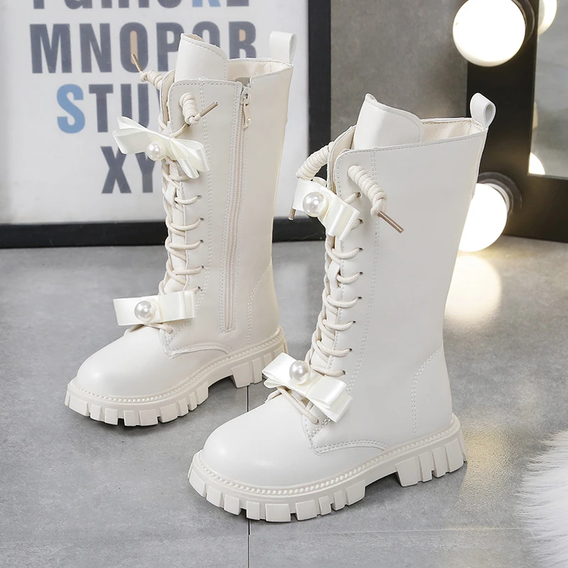 Winter Long Boots For Girls Luxury Pearl Bow Teenager Girl\'s Fashion Boots Faux Fur Thick Warm Cotton Snow Boots For Girls