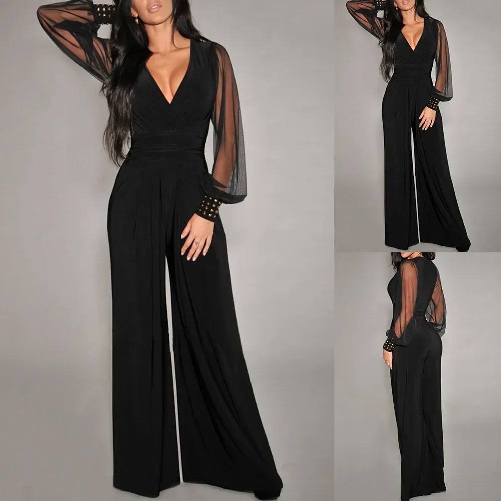 Women's Clothing V-neck Mesh Stitching Wide Leg Loose Full Length Jumpsuit Pants Playsuit Solid Color Fashion Jumpsuits