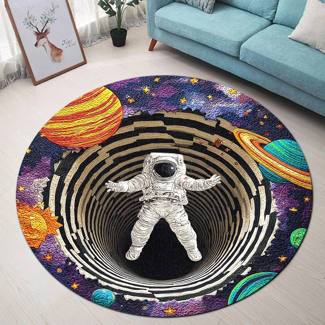 Cartoon Solar System Planet Astronaut Rocket UFO Star Circular Floor Carpet Non‑Slip Decor Space Theme Round Rug