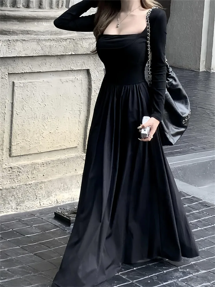 Vintage Ballet Fashion Square Collar Long Dress 2024 New Spring Long Sleeve Black Beige Dress Holiday Slim Waist A Line Skirt