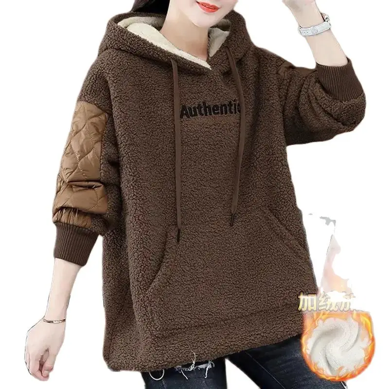 Lamb Wool Hoodies Women Autumn Winter Hoodies Loose Hooded Pullover Mid-Length Add Velvet Thick Polar Fleece Jacket Female Tops