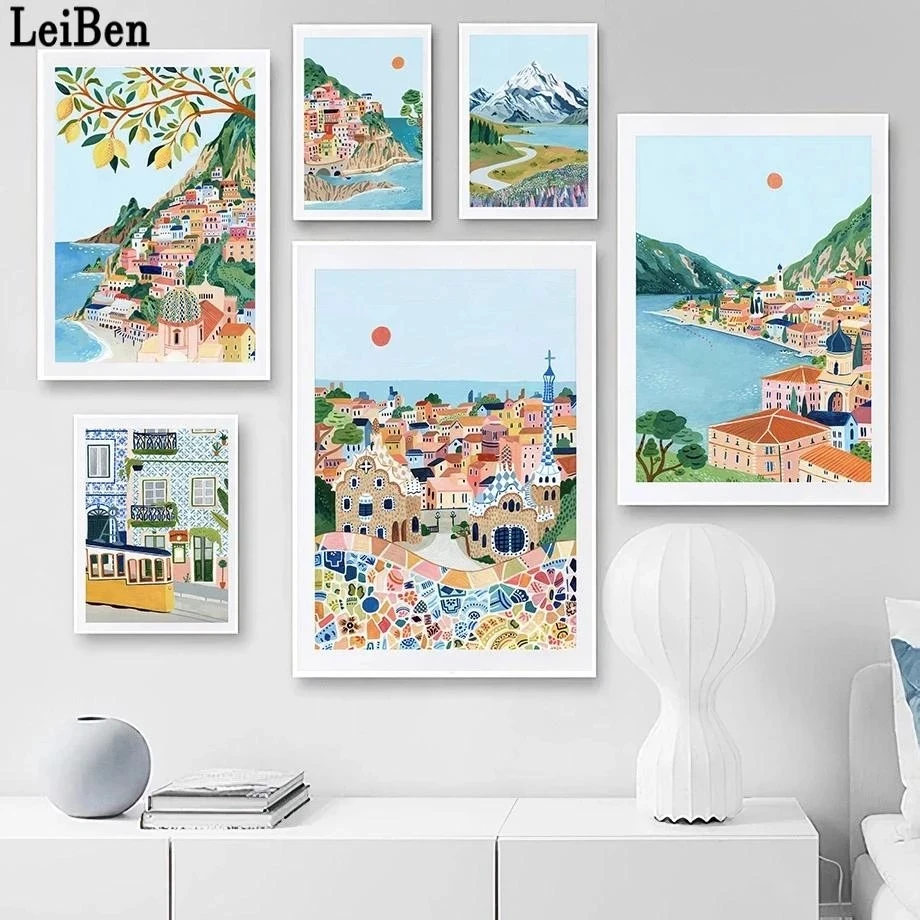 Póster de viaje de Ciudad de Anime, pintura en lienzo de Barcelona, Santorini, Italia, Japón, impresiones nórdicas, imágenes artísticas de pared para decoración de sala de estar