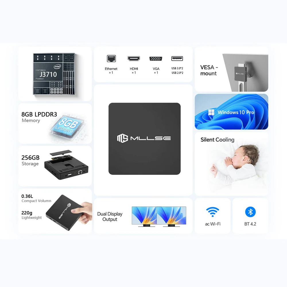 Mini PC MLLSE M2 Pro Potente 8 GB di RAM, SSD 128/256 GB, Intel J3710, Windows 10Pro - Compatto e ideale per casa, lavoro e giochi