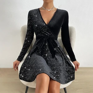 Sexy Women's Dress With V Sine Glitter Lanthejoula Mini belt, party dresses, monochrome, elegant velvet, long sleeve, hot sale, fashion 8 Main Sales Dresses Promotion - №7