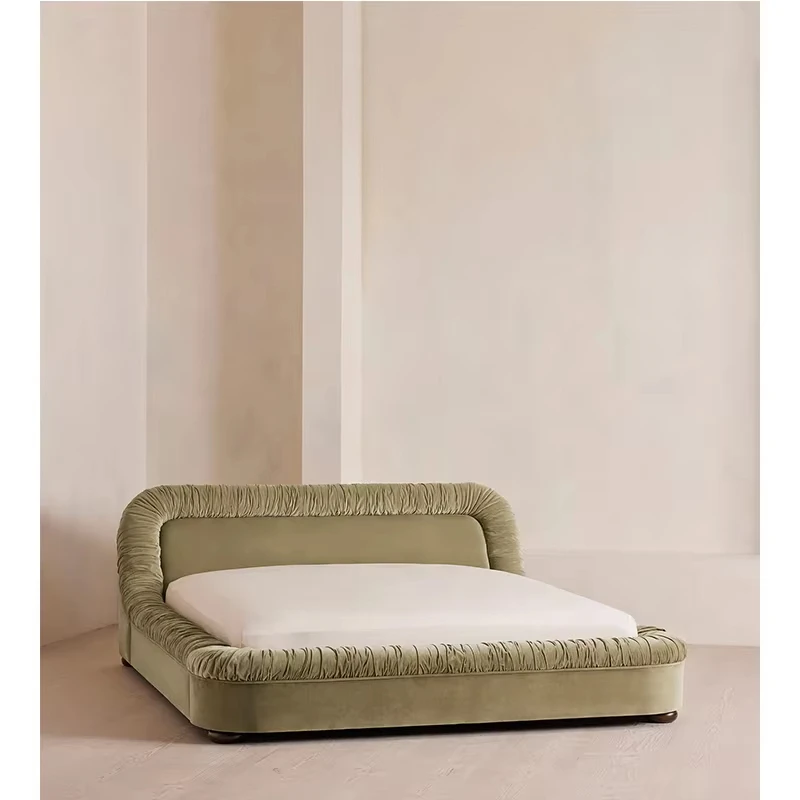Creative solid color velvet material pleated decoration modern interior hardwood bed