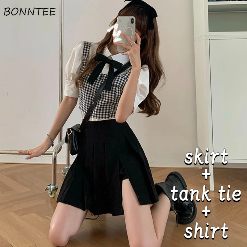 Plaid Tanks Sets Women 3 Pcs Sweet Design Shirts Preppy Style Ladies Mini Skirts Folds Summer Side-slit Stylish Casual Daily BF
