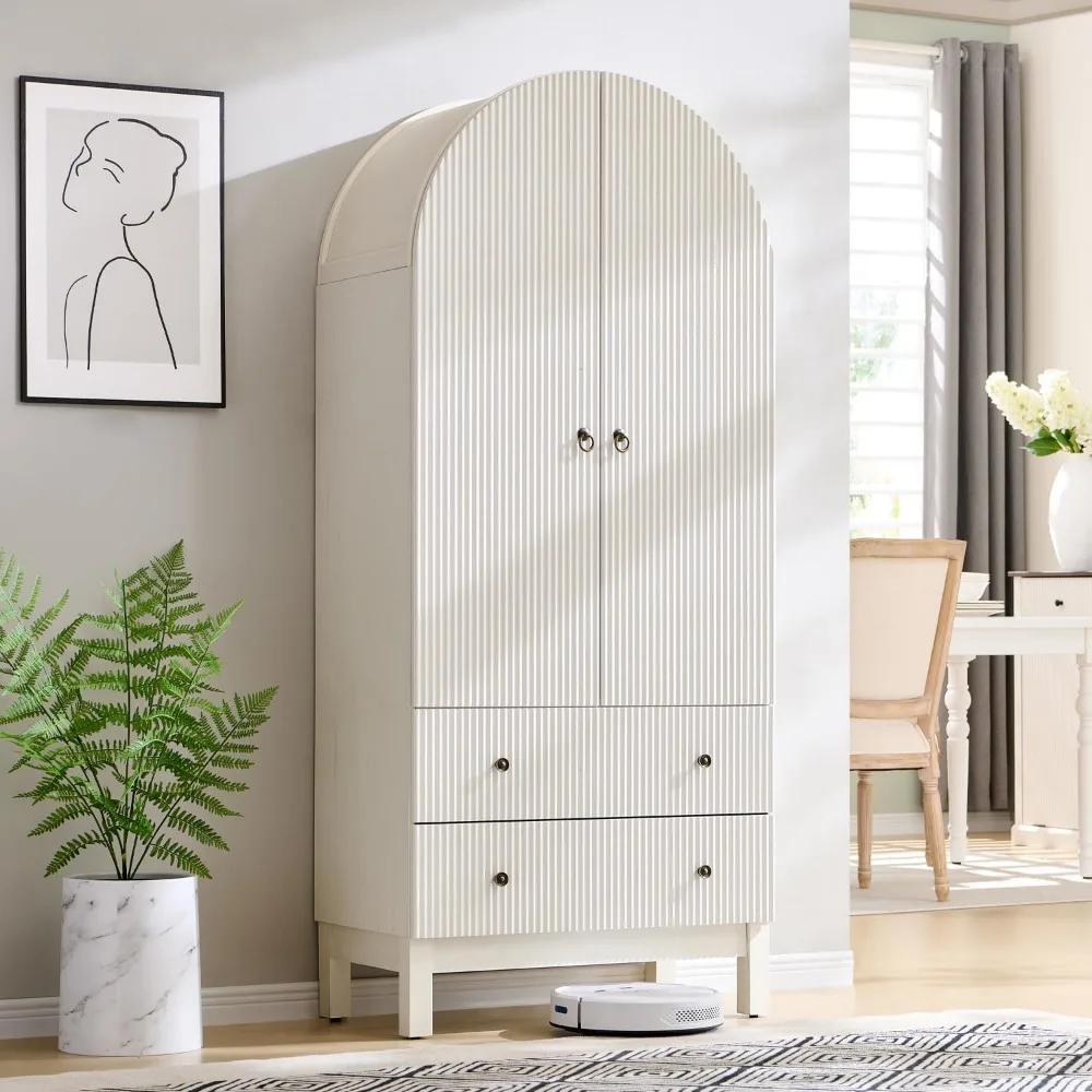 

71" Tall Arched Pantry Cabinet, Fluted Kitchen Storage Cabinet with Adjustable Shelves and 2 Large Drawers, Freestanding Morden