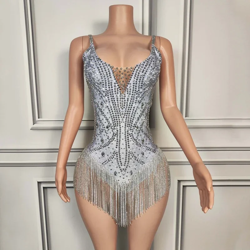 Full Rhinestones Fringed Bodysuit Women Singer Party Gogo Costume Bar Dj DS Halloween Stage Festival Outfit Clubwear