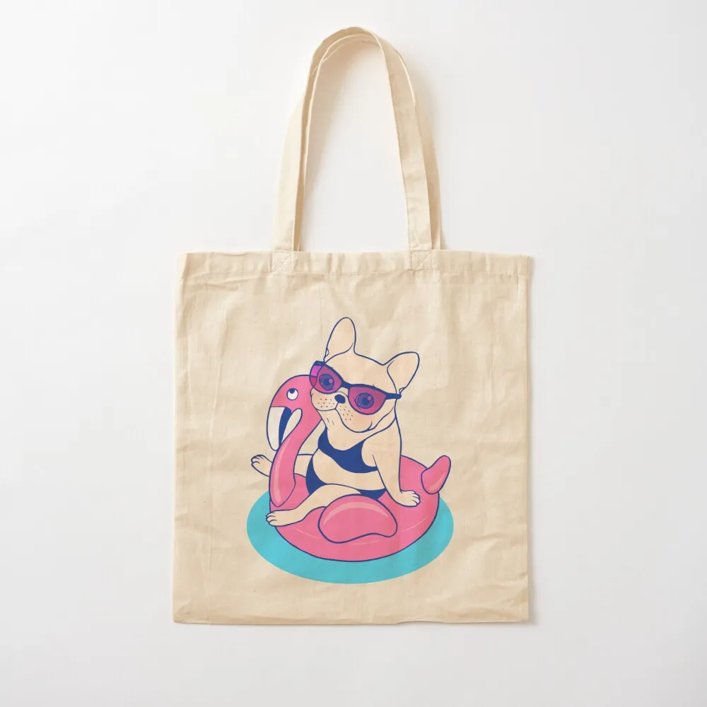 Frenchie enjoys Summer on Flamingo Pool Float in swimming pool Tote Bag tote bag large size bags Canvas Tote Bag