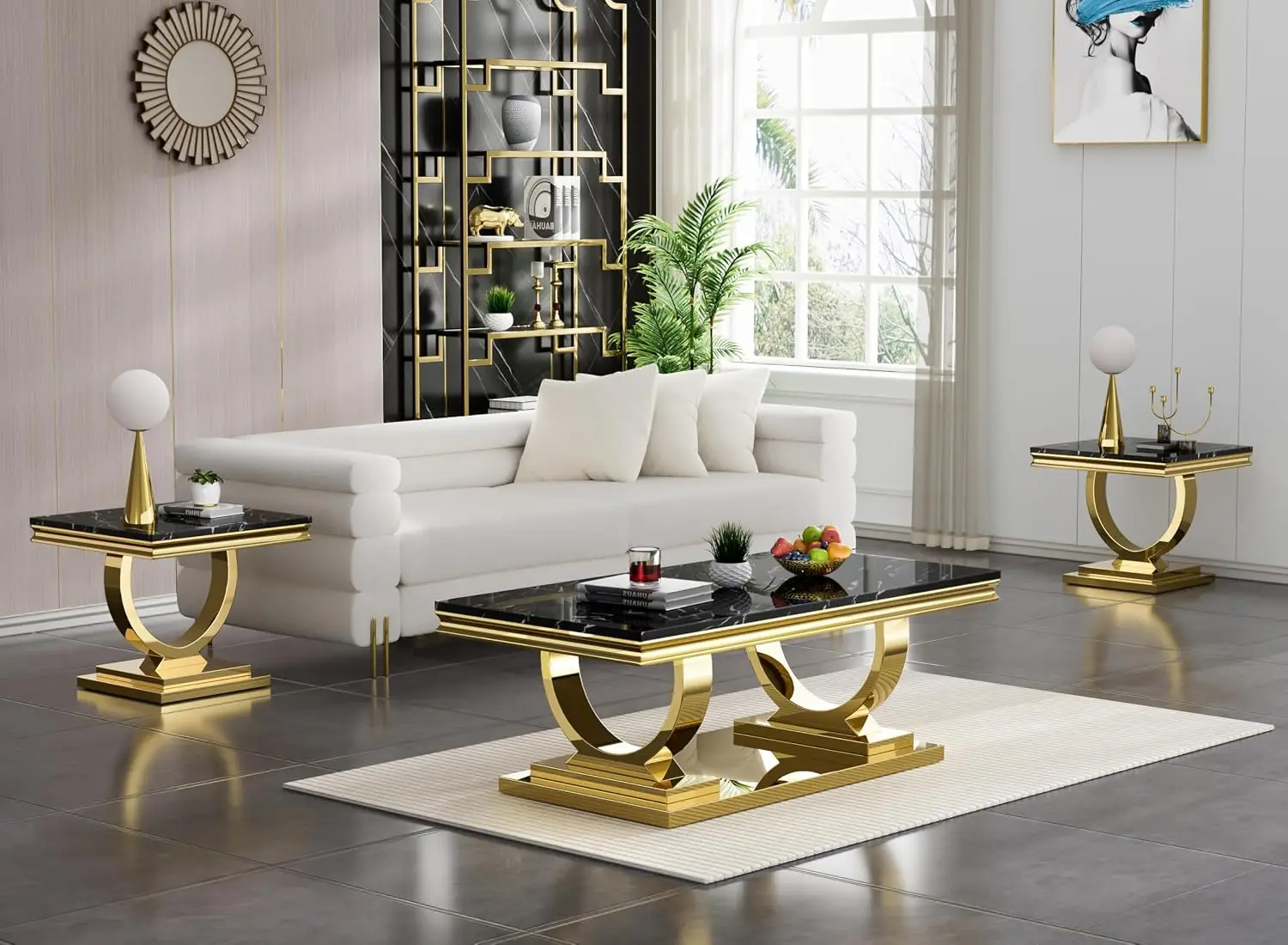3 Piece Marble Living Room Table Set Modern Black Faux Marble Coffee Table and 2 End Table with Gold O-Shape, Customized