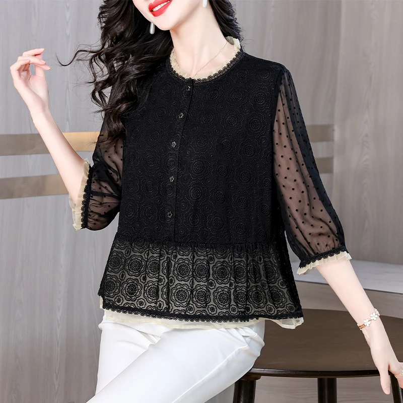 

Spring and Summer New Purple Flower Embroidery Mesh Top Women's Doll Neck Loose Poached Dress Lace Long Shirt