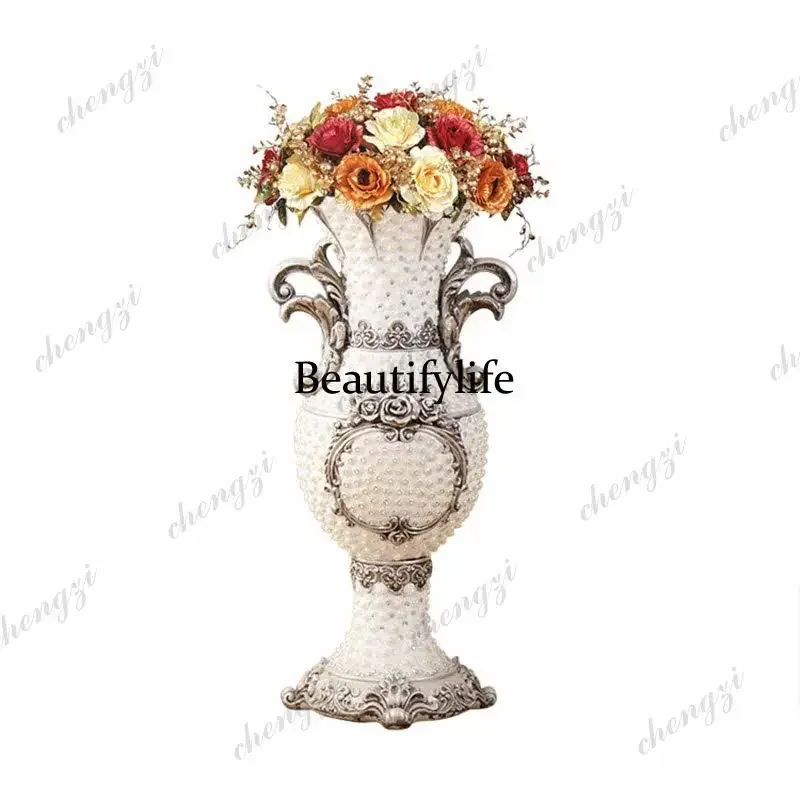 H132 pearl sticker retro European light luxury floor vase, hotel shopping mall club floral arrangement ornament
