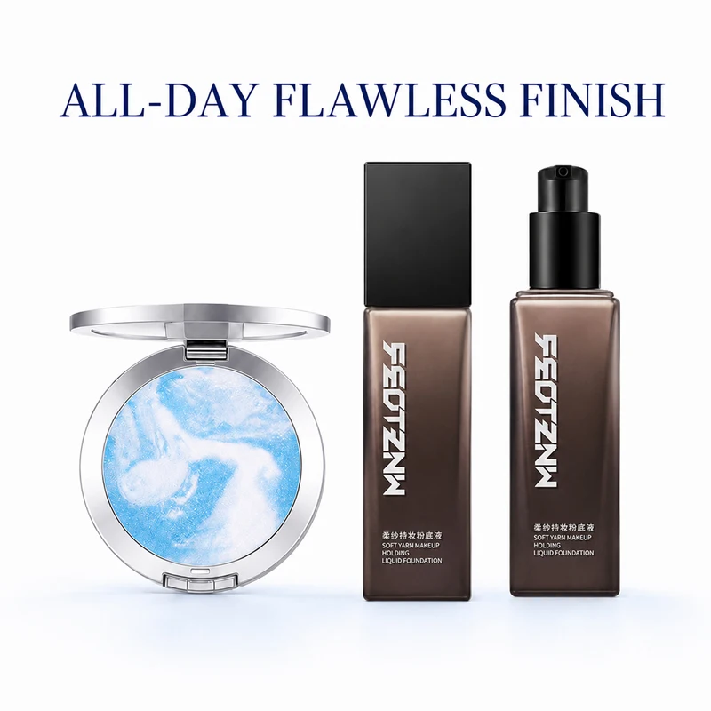 2PCS Liquid Foundation & Pressed Setting Powder Makeup Set, Full Coverage Oil Control, Long Lasting Waterproof, Soft Matte Pore Blurring, Lightweight Buildable Smooth Flawless Finish, Concealing Face Base Cosmetics for Women Daily Makeup 2 Shades Availabl
