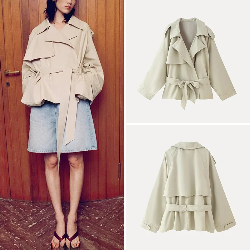 

Spring 2025 Women's ort oulder Drape Long Sve Coat with Belt Street Sle Double Breasted Polyester Fiber Windbreaker