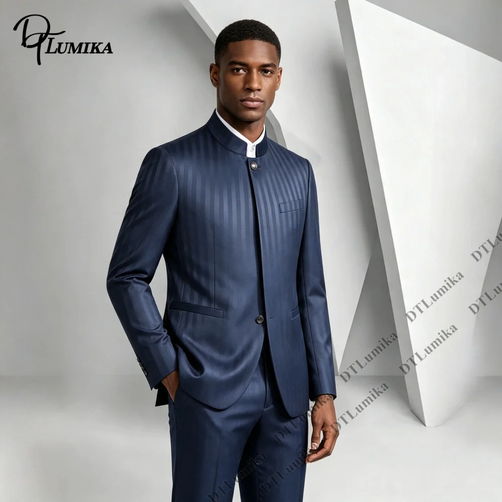 Striped Mandarin Collar Men Suit 2 Pieces Blazer Pants Traditional Festival Celebration Party Tuxedo Wedding Groom Business Suit