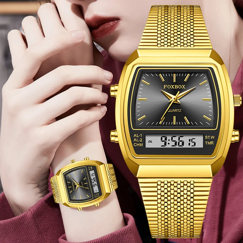 

FOXBOX Top brand luxury Women's Watch Stainless Steel quartz wristwatch Digital Watch Waterproof Fashion Clock Ladies Watch+BOX