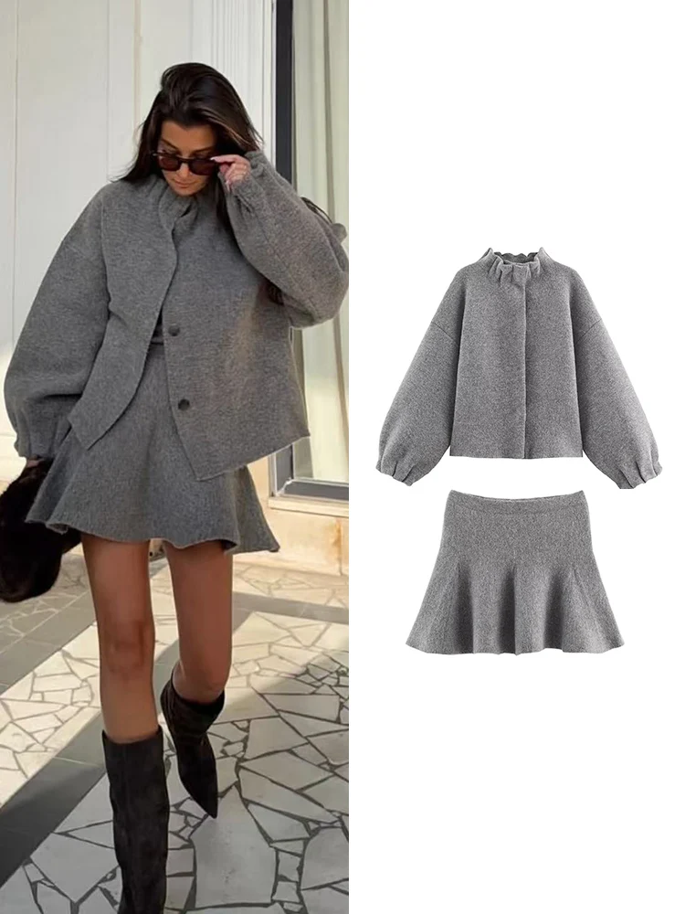 2025 outono nova jaqueta bomber feminina saia curta terno simples gola de manga comprida jaqueta de cintura alta saia commuter conjunto