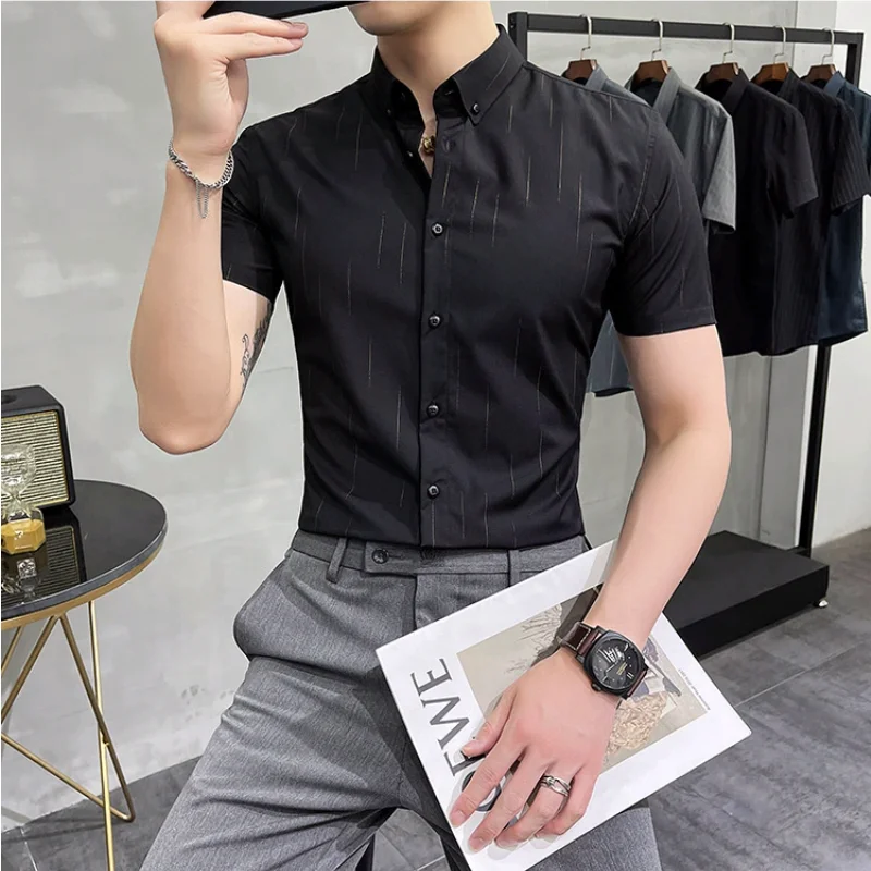 

2023 Summer New Men Dashed Stripe Short Sleeve Shirt Fashion Slim Fit Popular Designs Men's Versatile Shirt Plus Size 5XL-M