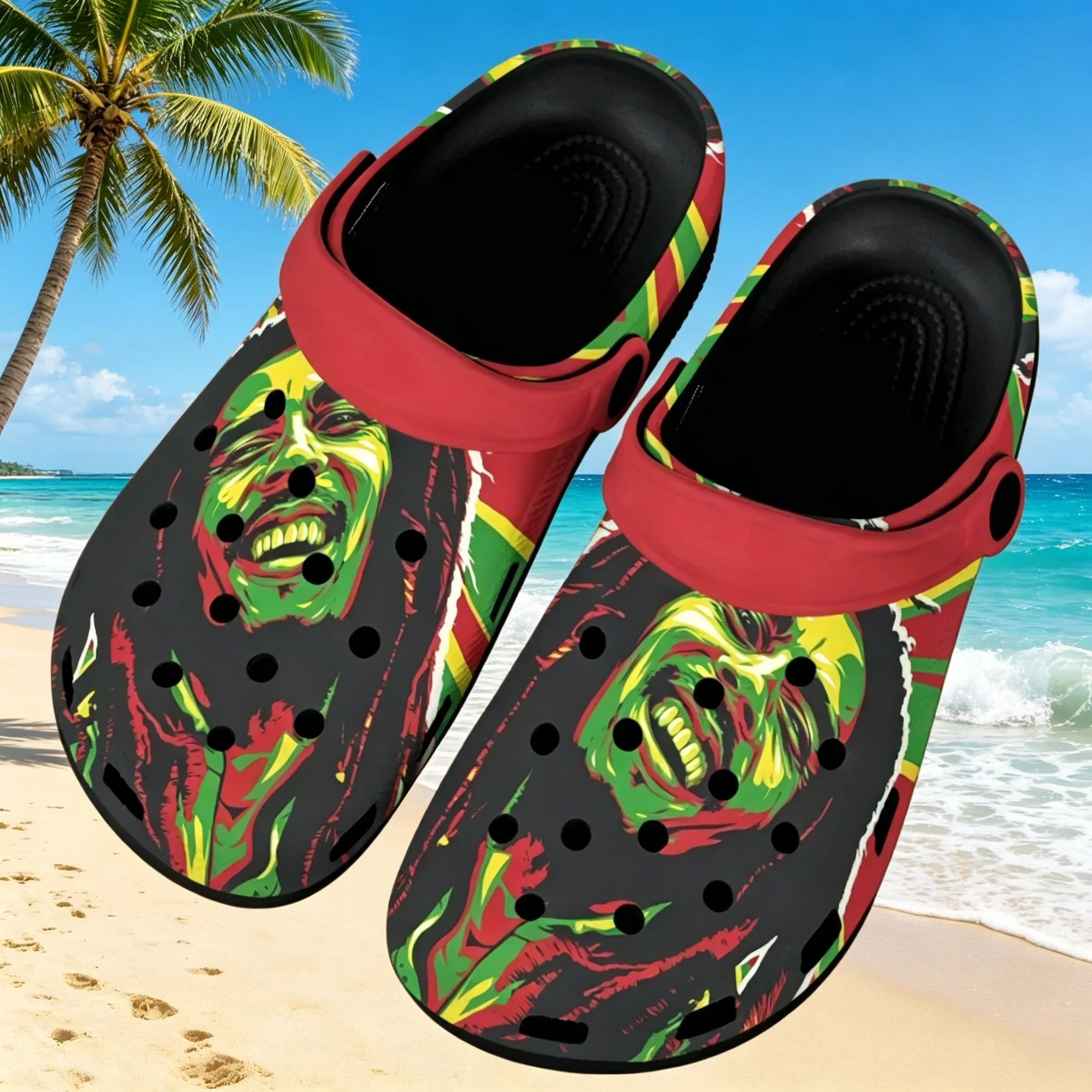 

Bob Marley Lion Pattern Custom Clogs, Rasta Themed Design, Lightweight Clog Sandals, Versatile for Outdoor and Beach Wear