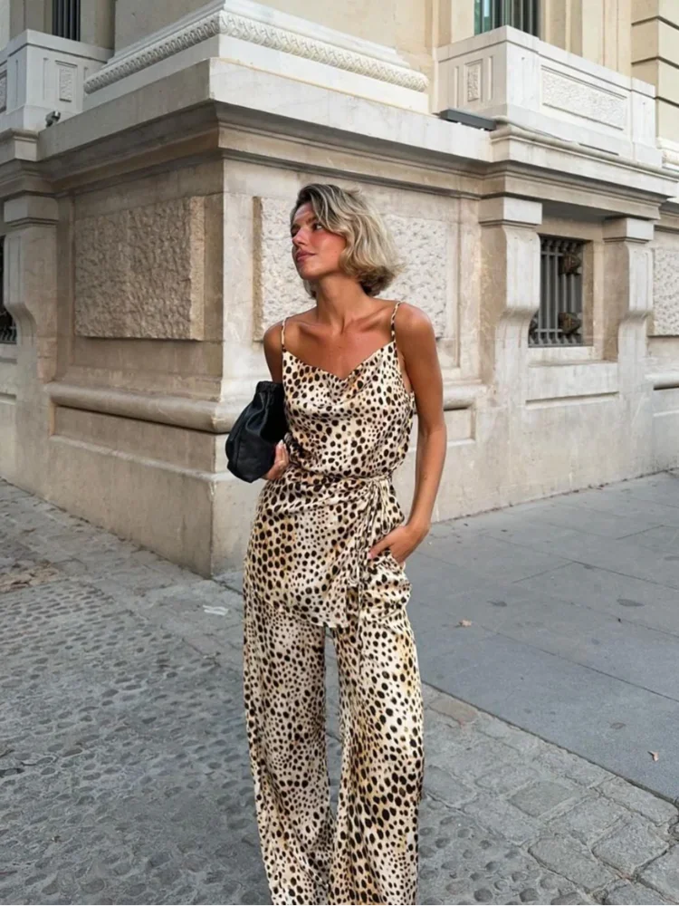 Chic Leopard Printed Strap Sleeveless Top Woman Pants Set Classic Lace Up Wide Leg Trousers Suit 2025 Spring Summer Streetwear